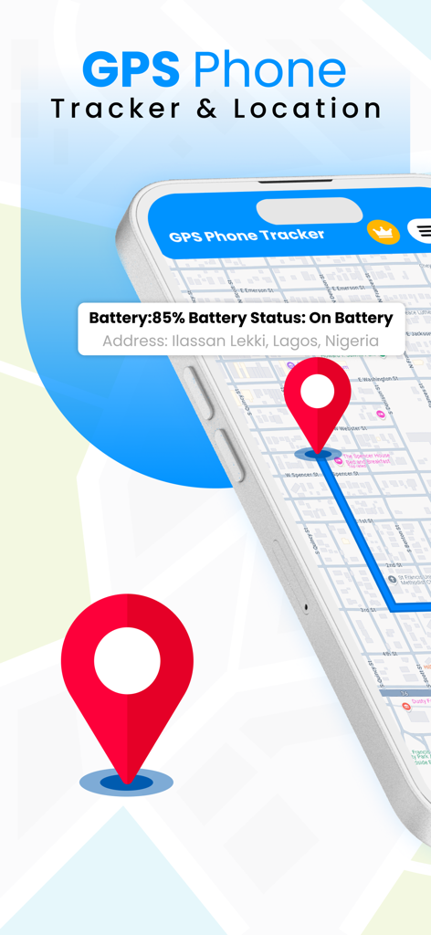 GPS Phone Tracker & Location - Interface de um aplicativo localizador de celular GPS mostrando um mapa em tempo real com pinos de localização e informações de status da bateria