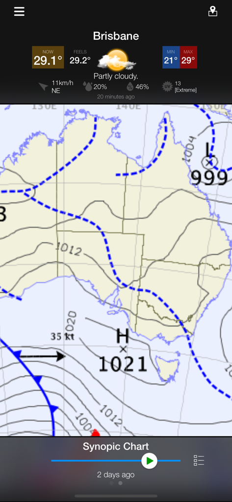 AUS Radar: WeatherAlert - A screenshot of the AUS Radar app showing current weather in Brisbane and an interactive synoptic chart of Australia.