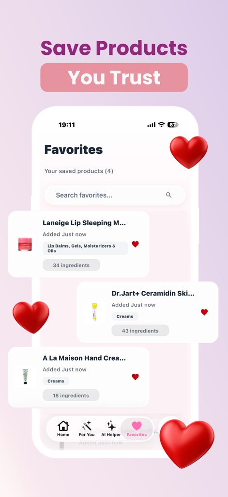 MamaSkin App-Oberfläche zeigt eine Liste gespeicherter, schwangerschaftssicherer Hautpflegeprodukte im Favoritenbereich