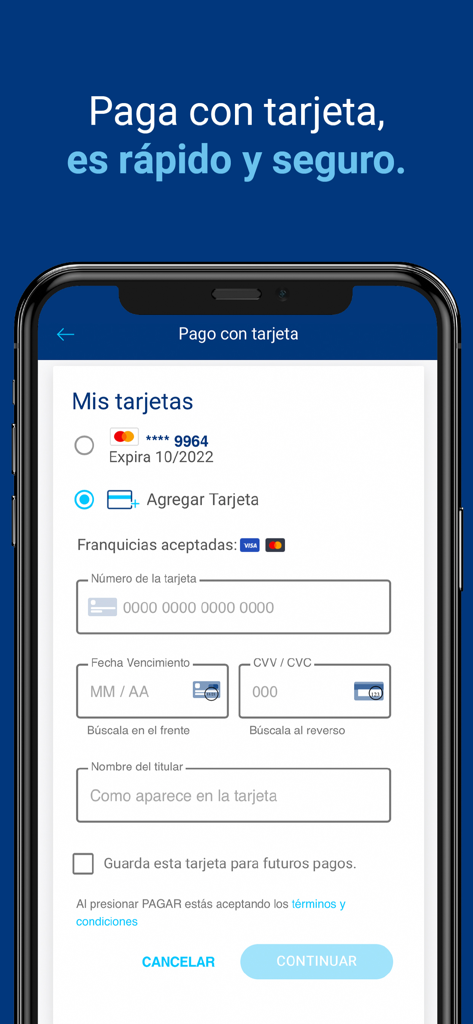 Secure credit card payment interface in the Mi Tigo Nicaragua app