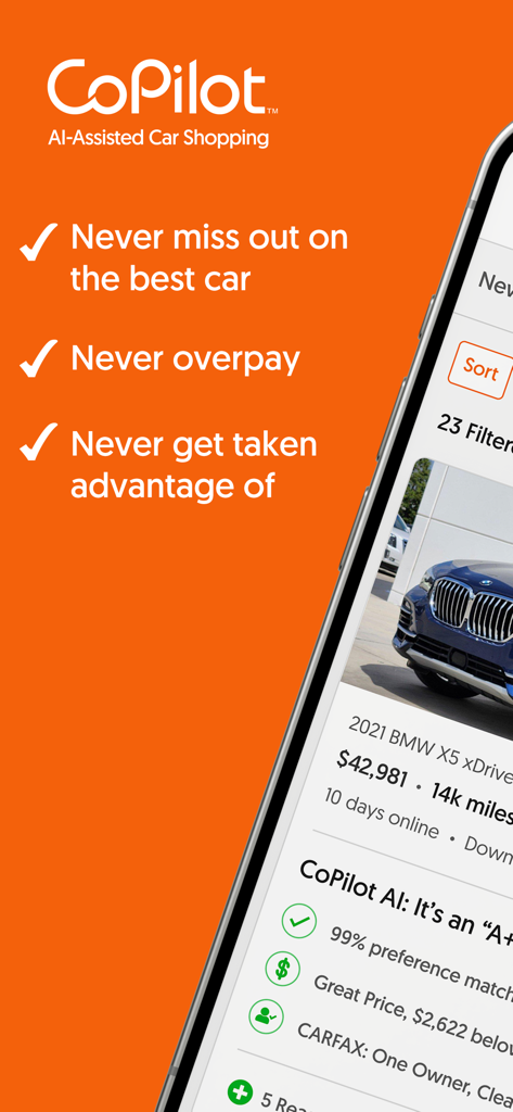 CoPilot app screen highlighting AI features for car shopping and price transparency