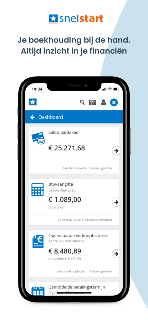 SnelStart accounting app dashboard showing financial overview and tax status