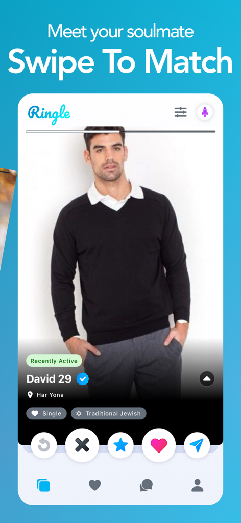 Ringle Jewish dating app profile view with swipe to match interface