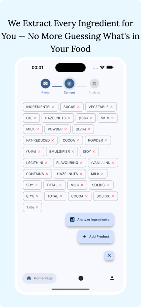 Fooducate app interface showing a list of extracted ingredients from a food label scan including sugar and vegetable oil