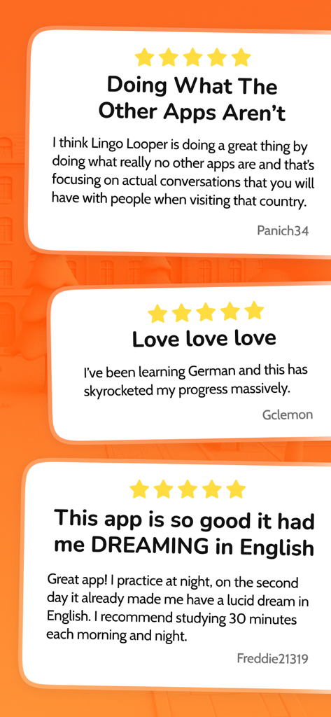 LingoLooper: AI Language Game - LingoLooperの3つの5つ星ユーザーレビューは、会話型語学学習の成功を強調しています