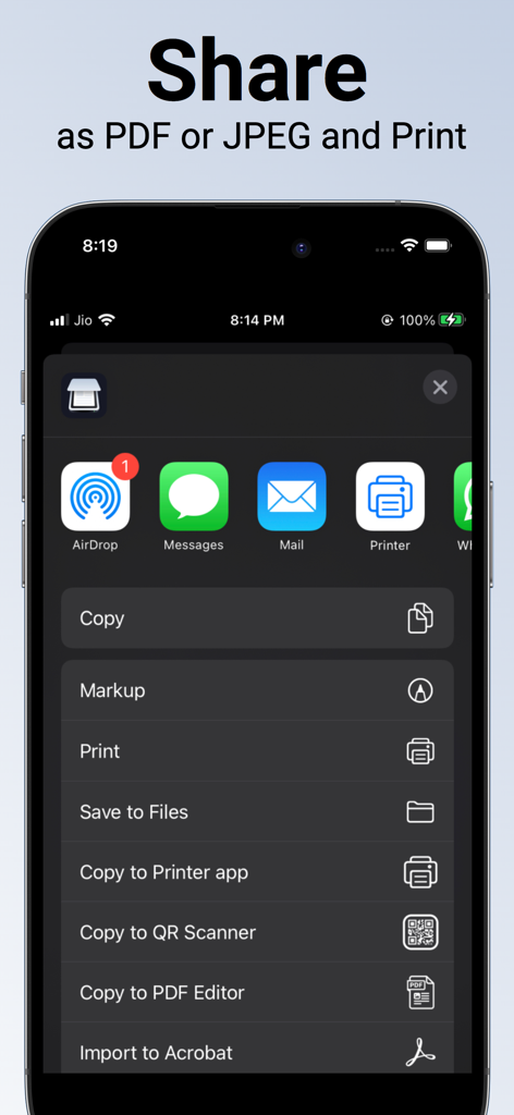 PDF document Scanner :Doc Scan - Menú de compartir de iOS en la aplicación de escáner PDF mostrando opciones para exportar como PDF o JPEG y enviar por correo electrónico o imprimir