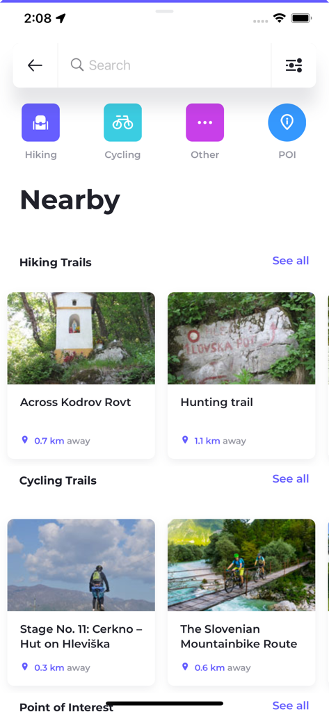 Monolit2Go - Monolit2Go app interface showing nearby hiking and cycling trails in Slovenia with distance indicators and activity categories