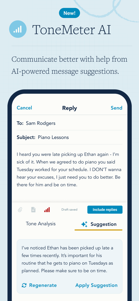 OurFamilyWizard Co-Parent App - Uno screenshot della funzione ToneMeter AI di OurFamilyWizard che suggerisce una riscrittura più calma di un messaggio di co-genitorialità ad alto conflitto.