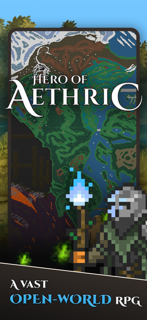 Logotipo del juego Hero of Aethric y mapa del mundo pixel art para un RPG de mundo abierto