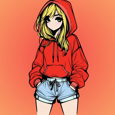 realistic girl in shorts and hoodie