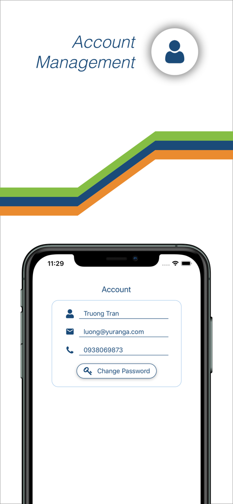 RollCall Parent - Pantalla de gestión de cuenta en la aplicación RollCall Padres que muestra los detalles del perfil de usuario y la opción de cambio de contraseña.