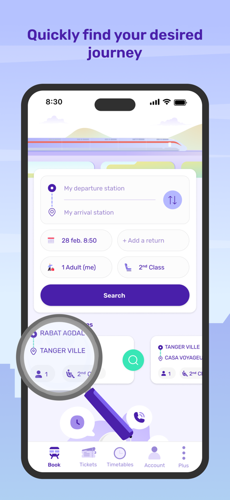 Écran de recherche de l'application ONCF Voyages pour réserver des trajets en train au Maroc
