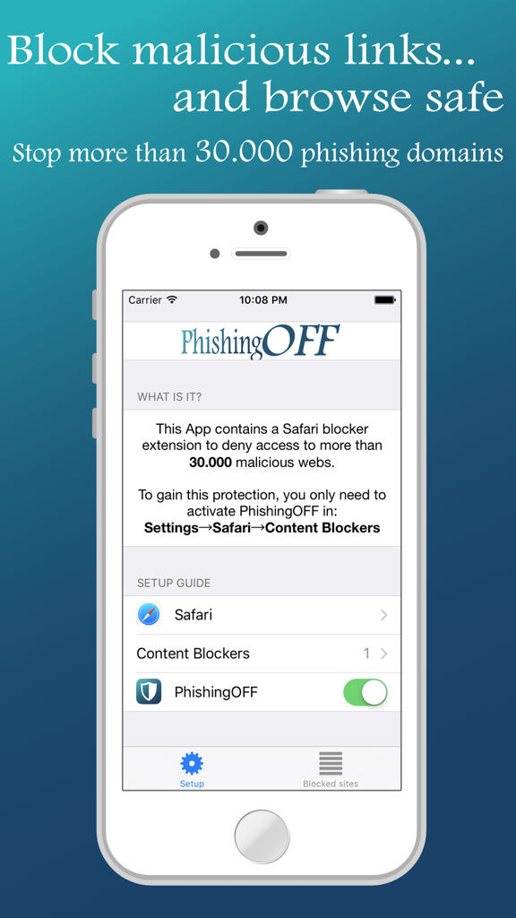 PhishingOFF for Safari - PhishingOFF app on iPhone showing setup instructions to block malicious links in Safari