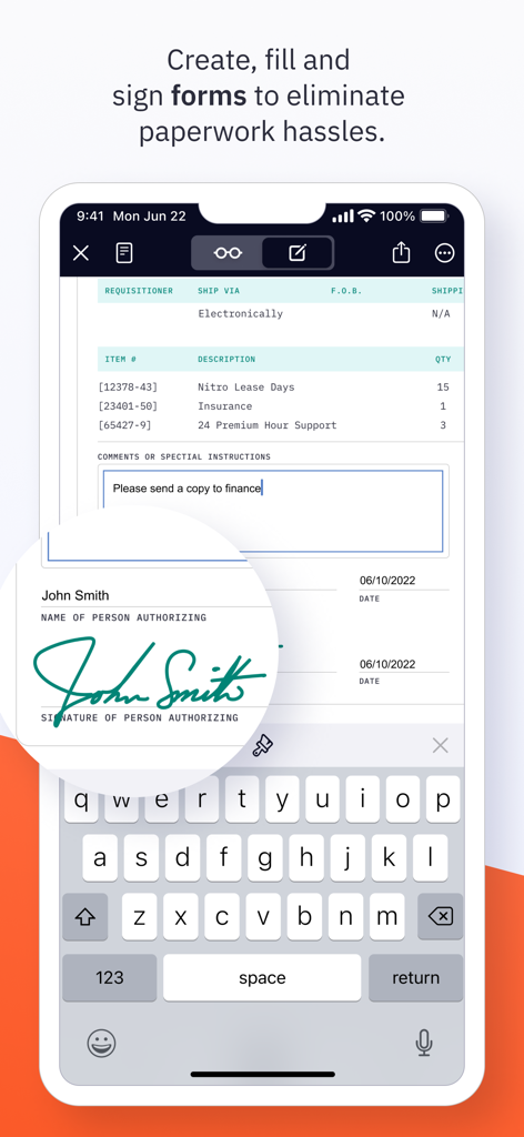 Nitro PDF Pro: Read & Edit - Interface do aplicativo móvel Nitro PDF Pro para preenchimento e assinatura de formulários digitais