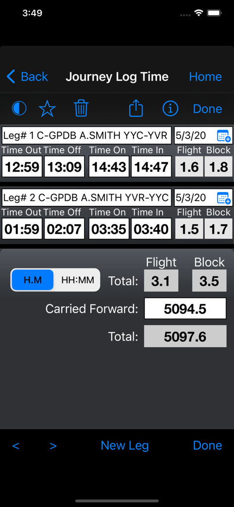 FlyBy E6B app interface showing the journey log time feature with flight and block time calculations for multiple legs