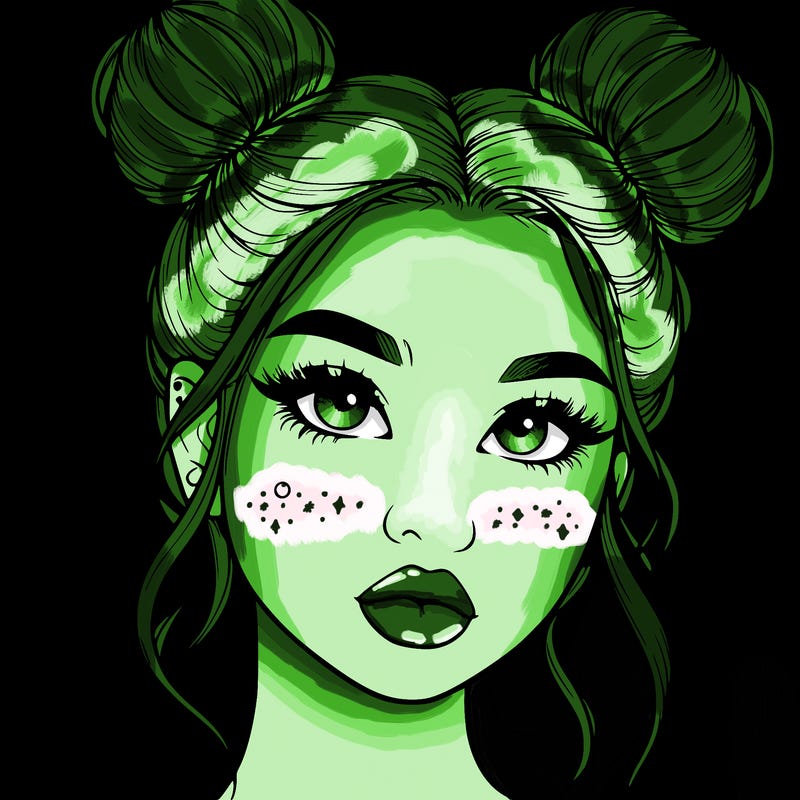 realistic girl with two buns on her hair and lips