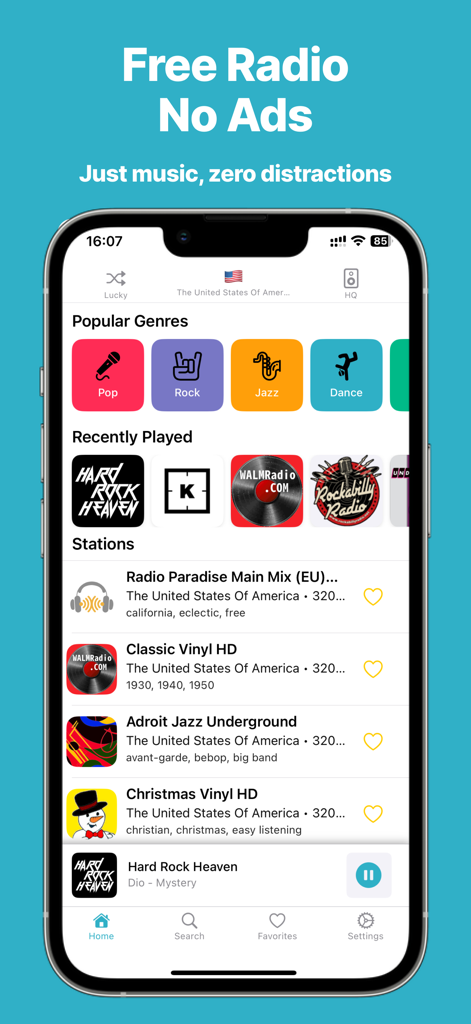 Tela inicial do aplicativo OpenTune Radio exibindo gêneros musicais populares e estações de rádio locais e internacionais.