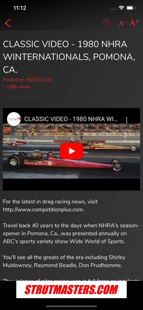 Classic NHRA drag racing video screen on the Competition Plus app