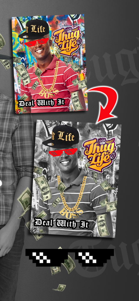 Thug Life Photo Stickers B) - Before and after comparison of a photo edited with thug life stickers and filters