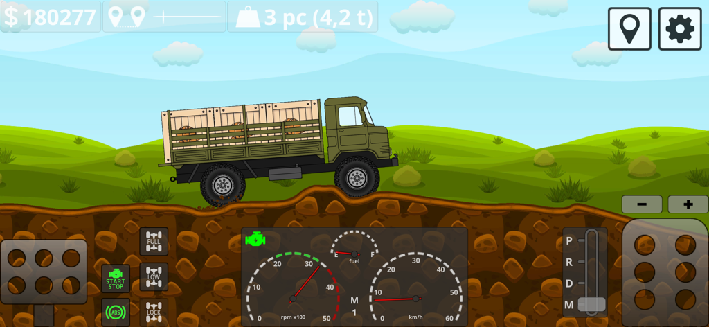 Un camion cargo verde che naviga su un terreno collinare e accidentato nel simulatore 2D Mini Trucker, mostrando controlli tecnici dettagliati e cruscotto.