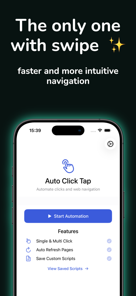 Auto Clicker app interface showing swipe and multi click automation features for mobile navigation.