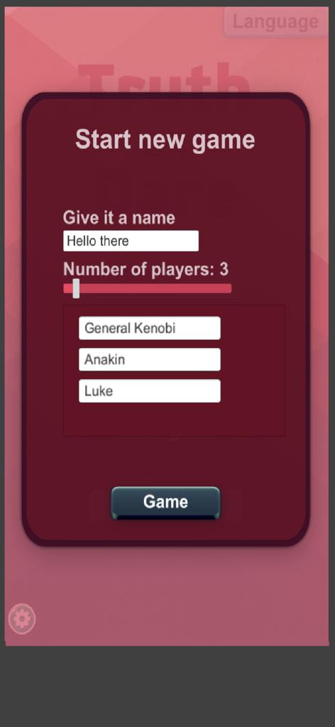 TOD Truth or Dare - Interface for setting up a new Truth or Dare game with player names and quantity selection.