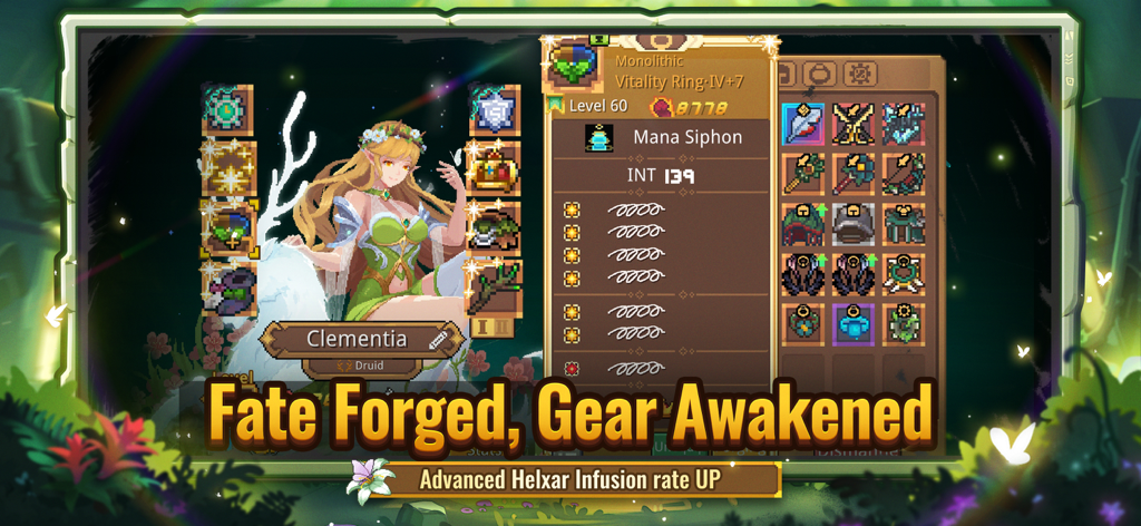 Soul Knight Prequel - Pantalla de personaje de Soul Knight Prequel que muestra una clase Druida con equipo y objetos de inventario de alto nivel.