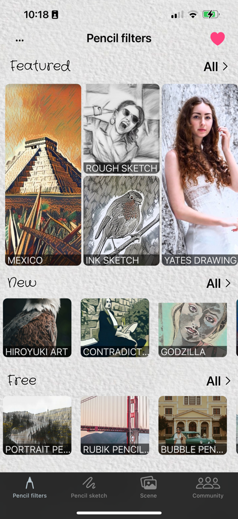 Graphite app interface showcasing a variety of AI pencil and ink filters applied to different photos