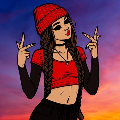 realistic teenage girl with braids and a beanie and crop top doing 🫶🏼