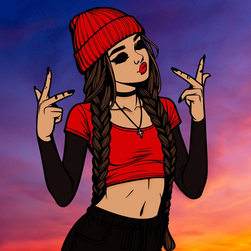 realistic teenage girl with braids and a beanie and crop top doing 🫶🏼