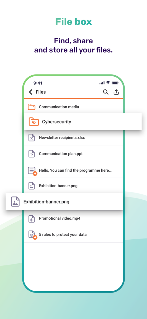 L'interface de l'application Whaller affiche la boîte de fichiers sécurisée pour la gestion et le partage de documents et de dossiers collaboratifs.