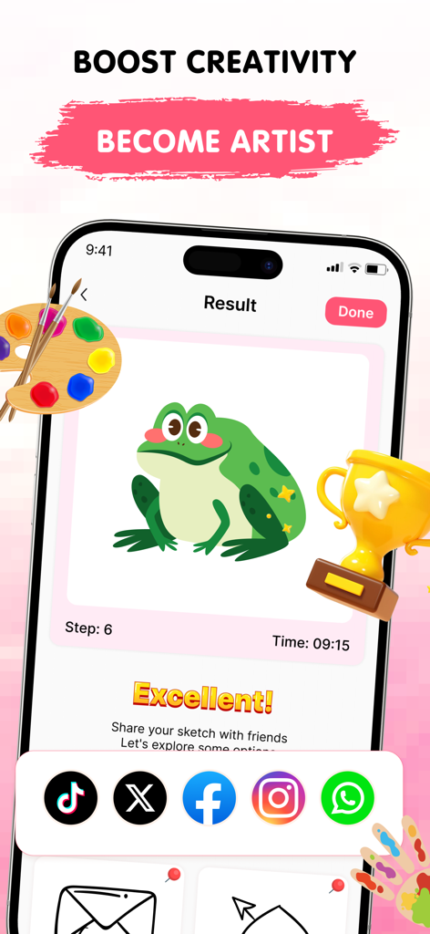 A completed drawing of a green frog in the Easy Draw app with social sharing icons and a trophy
