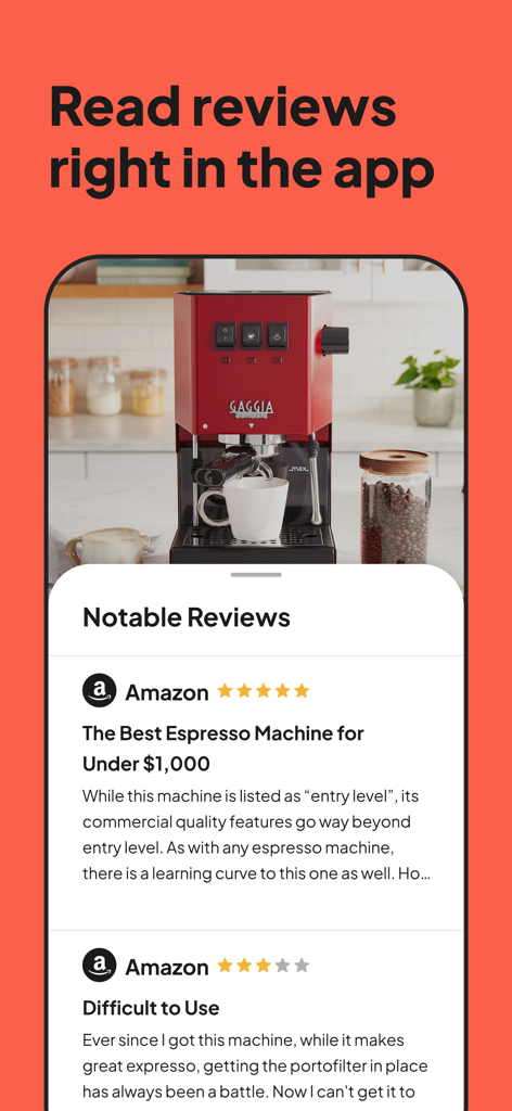 Vetted AI Smart Shopping Agent - Vetted AI app interface showing aggregated expert and user reviews for an espresso machine