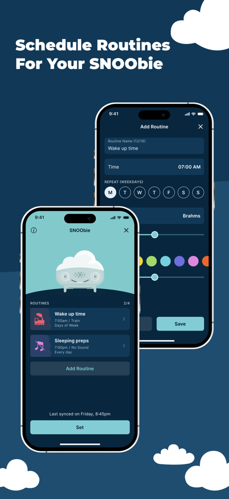 Interface of the Happiest Baby app showing how to schedule personalized sleep and wake routines for the SNOObie smart soother.