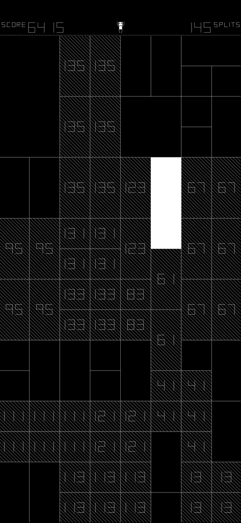 SPL-T - A minimalist black and white grid gameplay screen from the SPL-T puzzle game showing numbered tiles and split counts