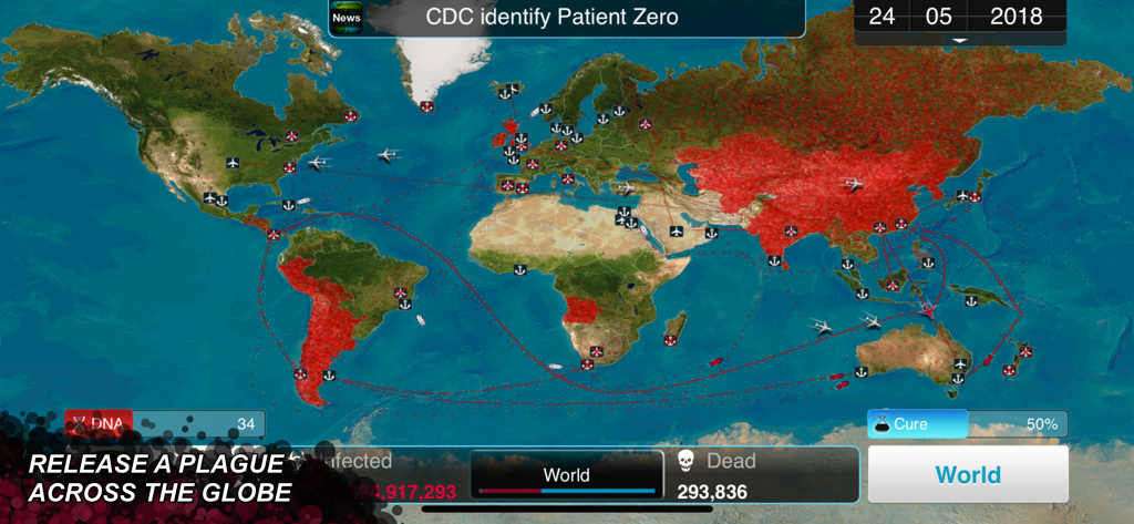 Mapa mundial en Plague Inc mostrando regiones infectadas en rojo y rutas de viaje a través de continentes