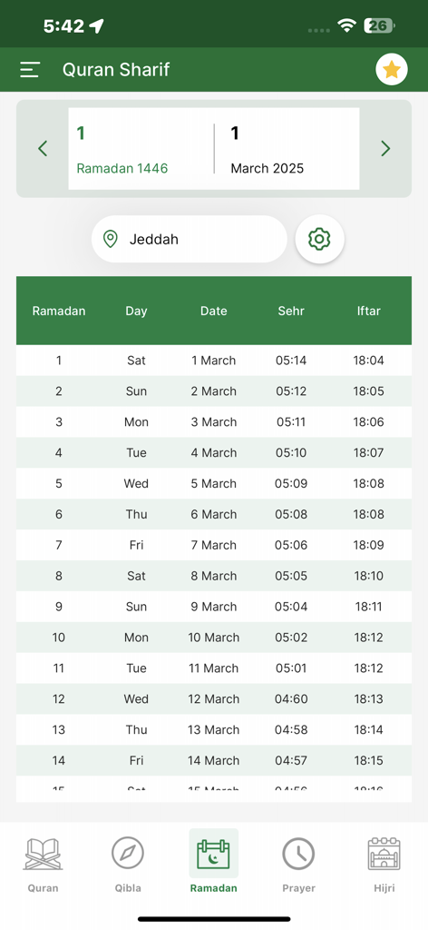 Full Quran Sharif Offline App - Ramadan calendar showing daily fasting times and dates for the Quran Sharif app