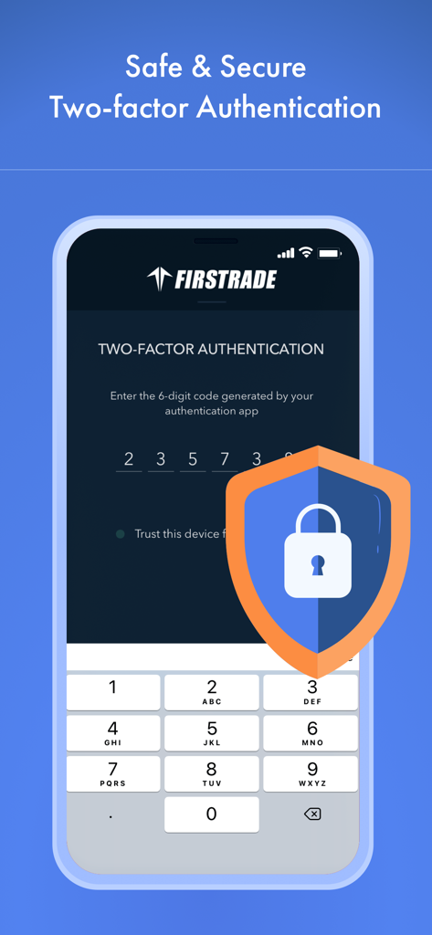 Écran d'authentification à deux facteurs de l'application Firstrade montrant une connexion sûre et sécurisée
