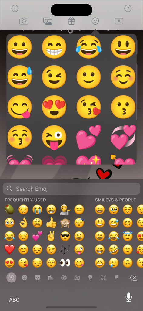 User interface showing the emoji and sticker selection tool in the I Love You Greeting cards mobile app.