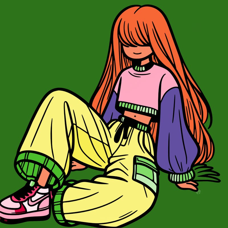 a girl with baggy pants and a crop top with long hair