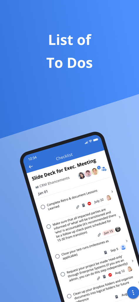 Clarity app screen showing a project to-do list with task descriptions and due dates