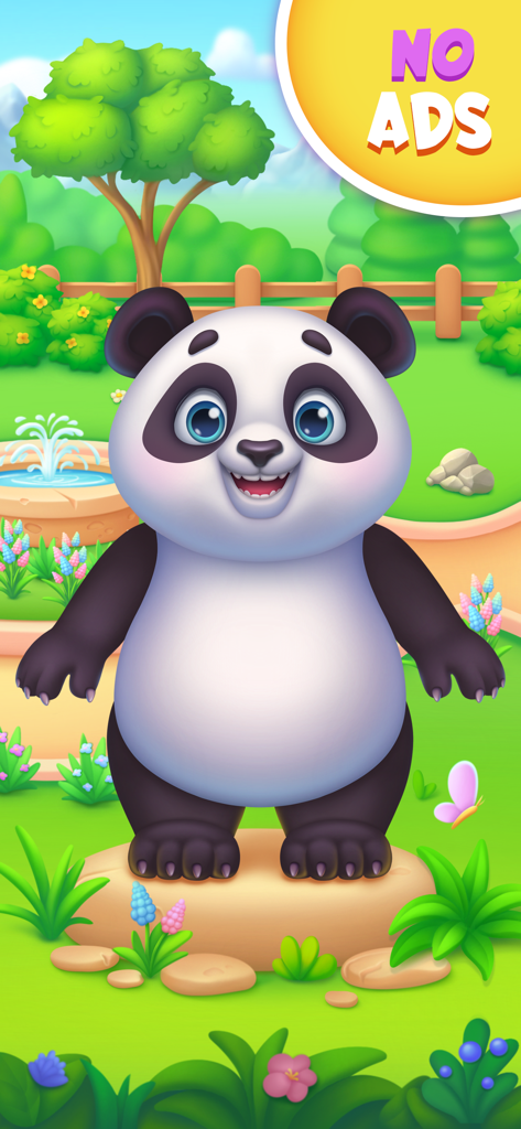 Animal Games Doctor for Kids - Un lindo panda de dibujos animados parado en un jardín colorido de la aplicación Juegos de Animales Doctor para Niños con una insignia de "sin anuncios".