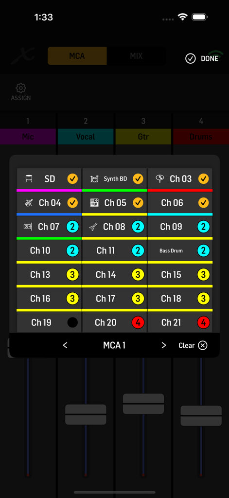Assigning audio channels to Mix Control Association groups in the MX-Q app