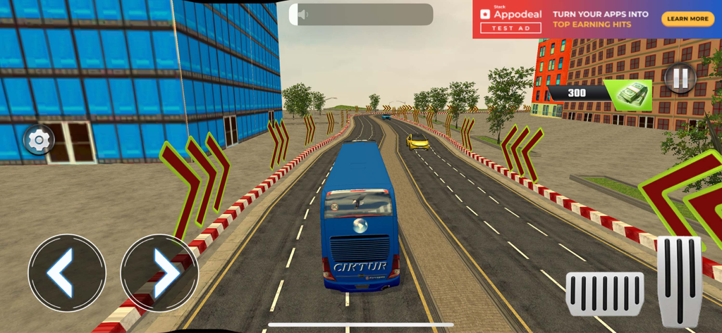 Coach Bus Simulator Driving 3D - Un autobús de pasajeros azul conduciendo en una carretera de ciudad en el juego Coach Bus Simulator Driving 3D