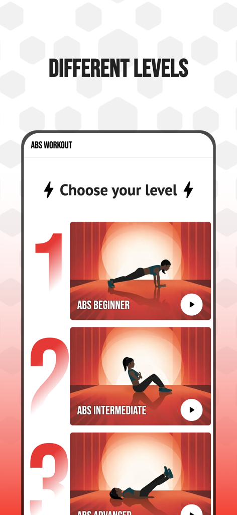 Eine mobile App-Oberfläche, die drei verschiedene Schwierigkeitsgrade für Bauchmuskelübungen zeigt, einschließlich Anfänger, Mittelstufe und Fortgeschrittene.