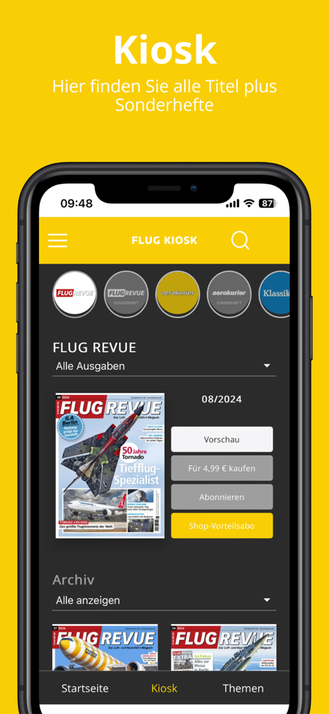 Flug Kiosk - Flug Kiosk app interface displaying digital aviation magazines including Flug Revue and aerokurier with purchase options