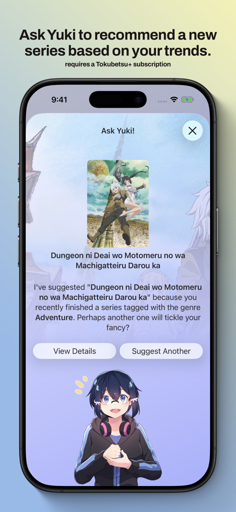 Interfaz de la aplicación MyAniList mostrando una recomendación de anime de IA de Yuki