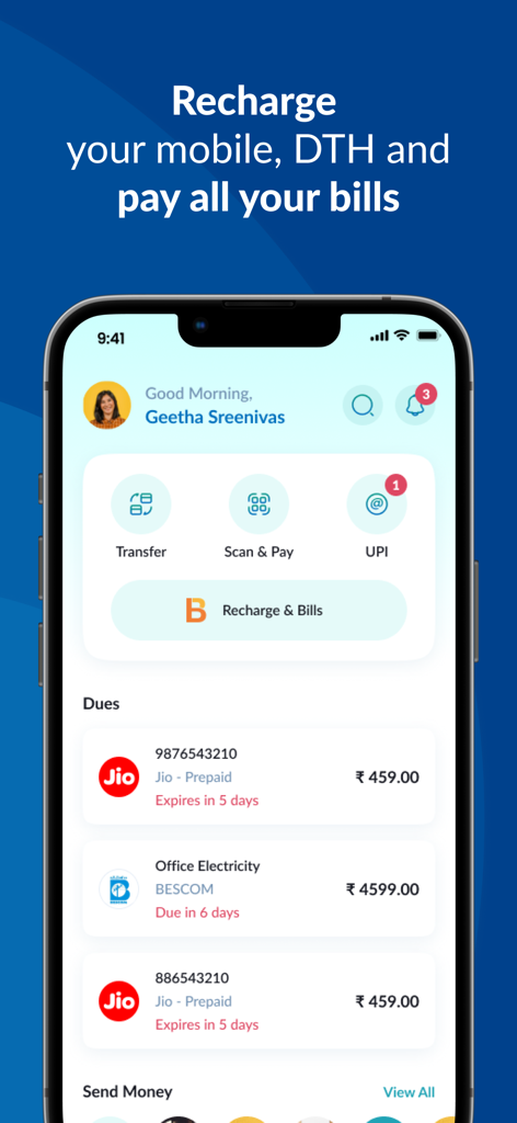 Mobile interface of IOB Connect app for paying Indian utility bills and mobile recharges.