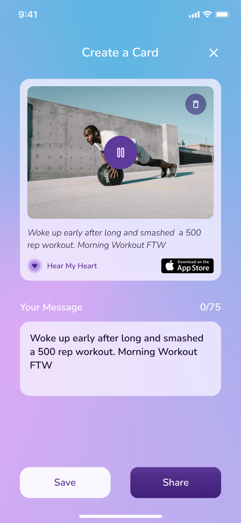 Hear my Heart Beat Monitor App - Interfaz de la aplicación de latidos del corazón que muestra la pantalla Crear una tarjeta con una foto de entrenamiento y un mensaje personalizado listo para compartir