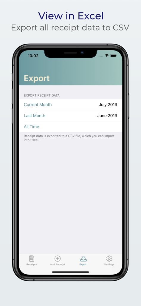 Interfaz de la aplicación de recibos que muestra las opciones de exportación de datos CSV por mes o de todos los tiempos